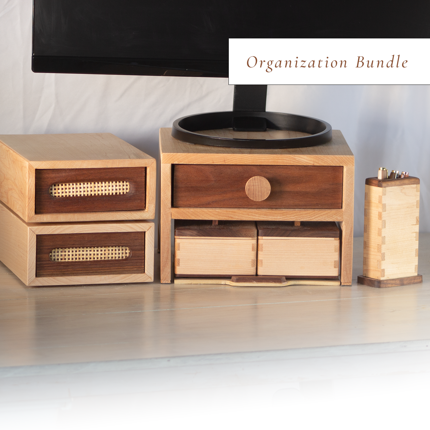 Home Office Desk Organizer Set (9-piece): Natural Wood Storage and Decor