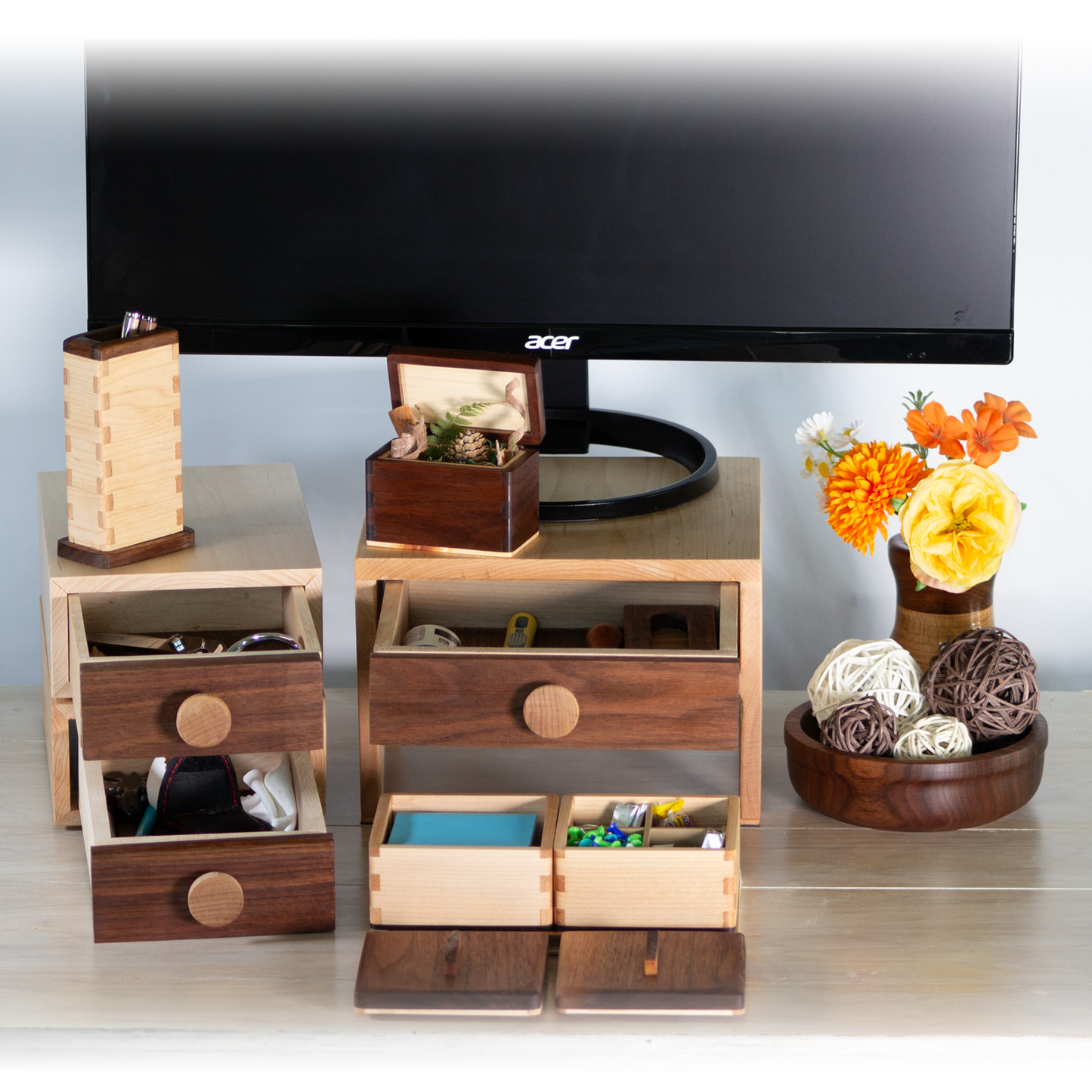 Home Office Desk Organizer Set (9-piece): Natural Wood Storage and Decor