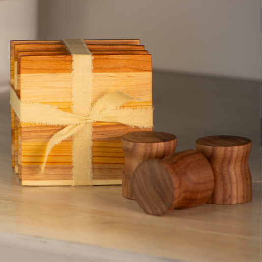 Practical Housewarming Gift Set: Hardwood Coasters (Set of 4) & Wooden Coat Hooks (Set of 3)
