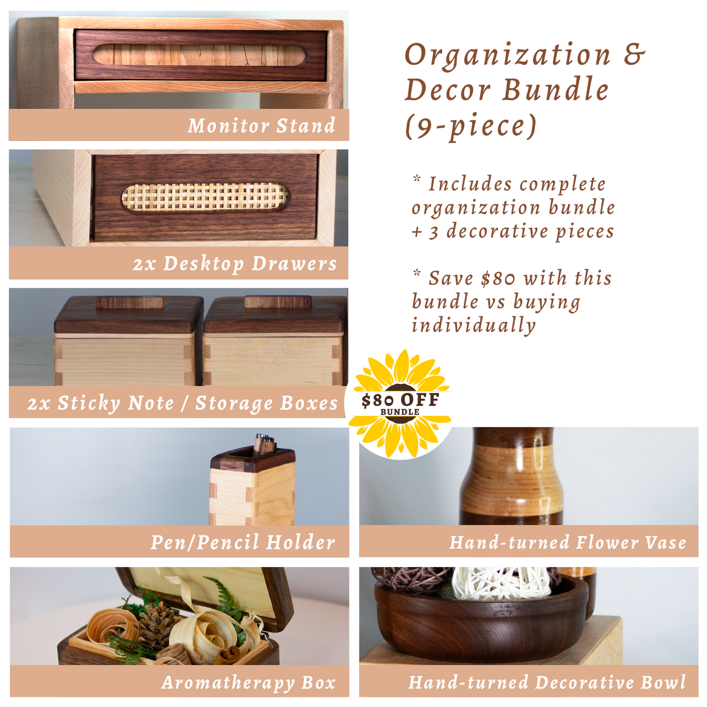 Home Office Desk Organizer Set (9-piece): Natural Wood Storage and Decor
